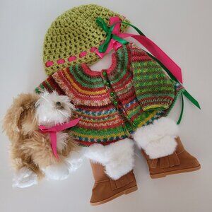 Deluxe Fair Isle Cardigan Gift Boxed Set With Cute Boots & Pup For 18 Inch Dolls